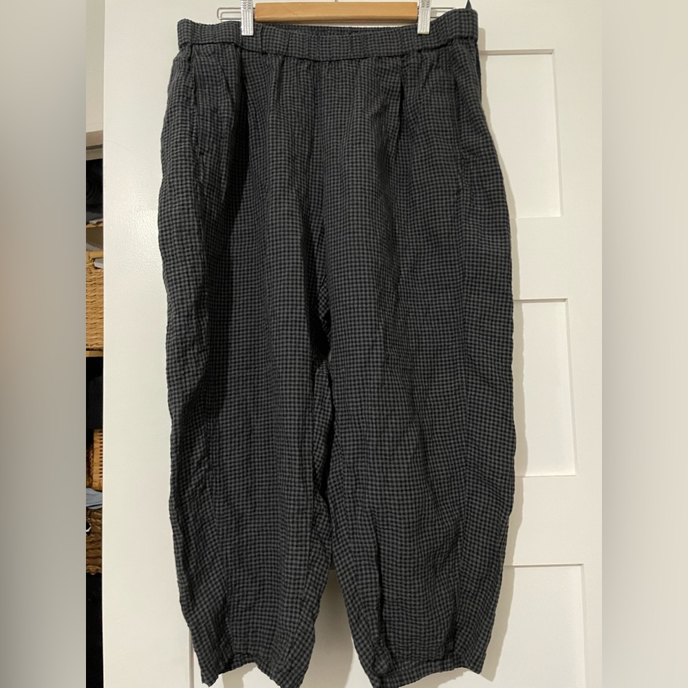 Eileen Fisher Organic Linen Lantern Pant Size L Black/Grey check